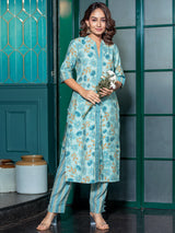 Powder Blue Floral Kurta Set with Dupatta - Elganza