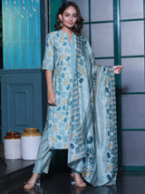 Powder Blue Floral Kurta Set with Dupatta - Elganza