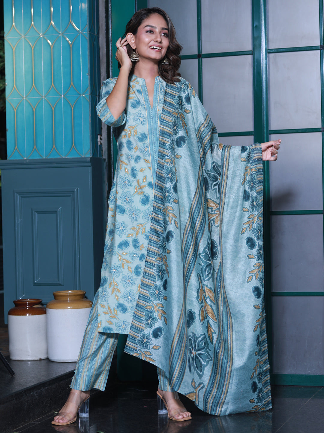Powder Blue Floral Kurta Set with Dupatta - Elganza