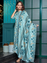 Powder Blue Floral Kurta Set with Dupatta - Elganza