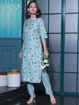 Powder Blue Floral Kurta Set with Dupatta - Elganza