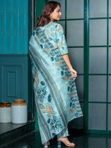 Powder Blue Floral Kurta Set with Dupatta - Elganza