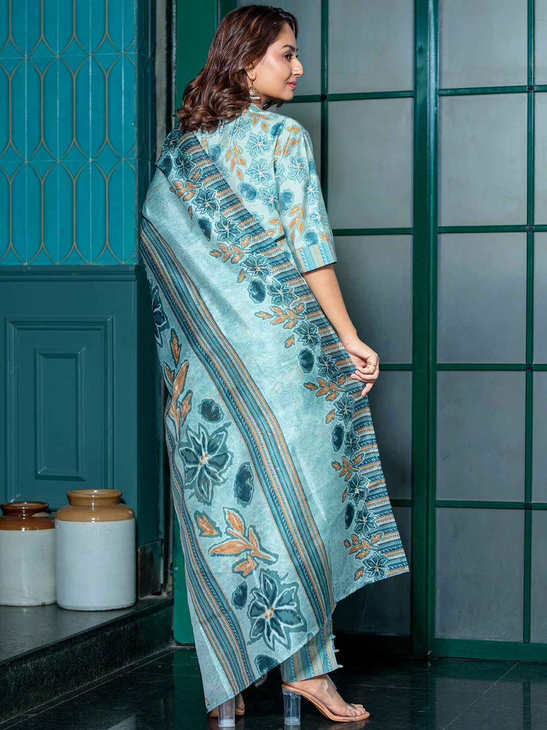 Powder Blue Floral Kurta Set with Dupatta - Elganza