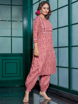 Pink Ethnic Motif Embroidered Kurta Set with Afgani Pant - Elganza
