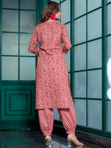 Pink Ethnic Motif Embroidered Kurta Set with Afgani Pant - Elganza