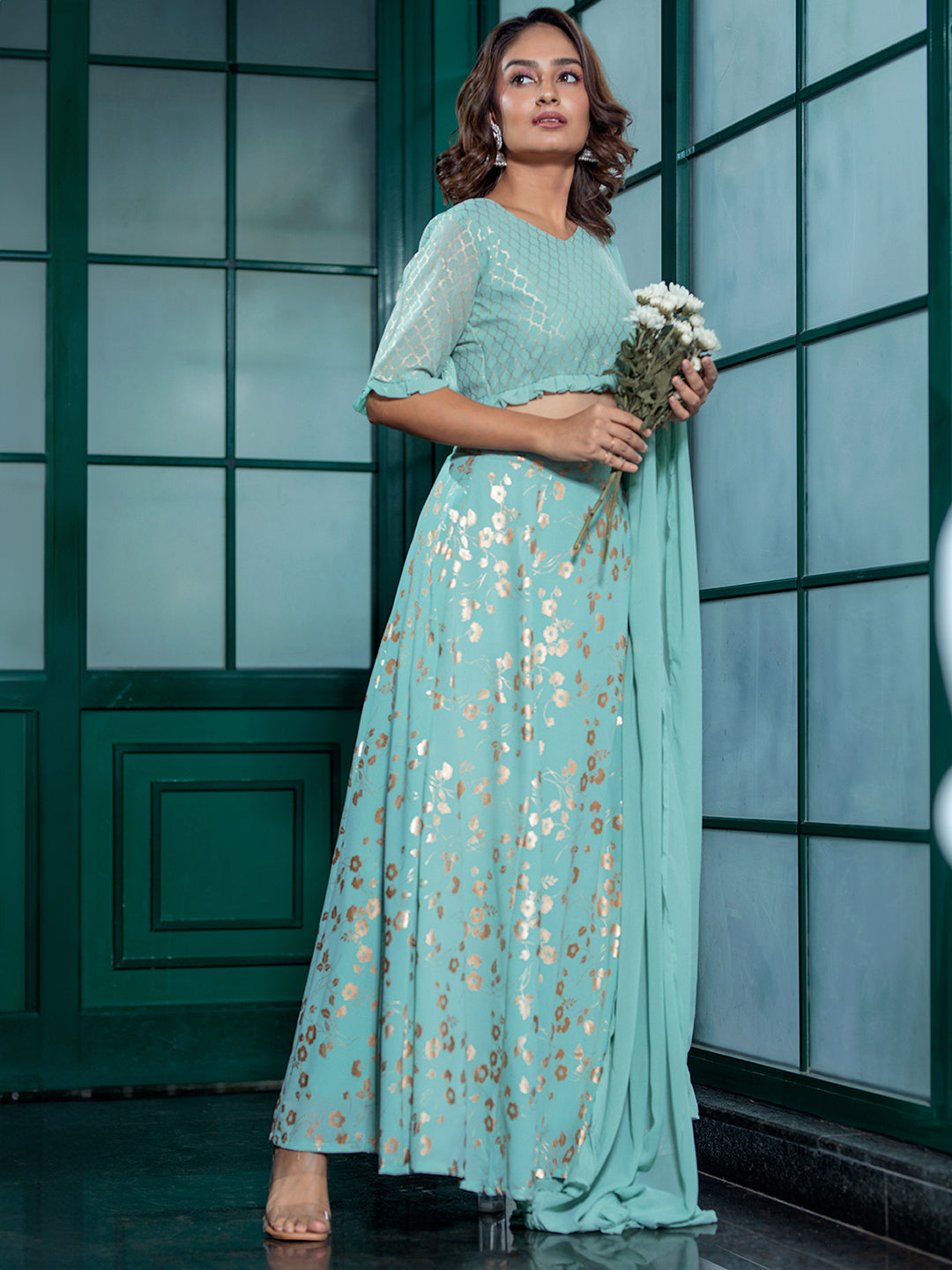 Mint Green Gold print Lehenga Choli & dupatta - Elganza