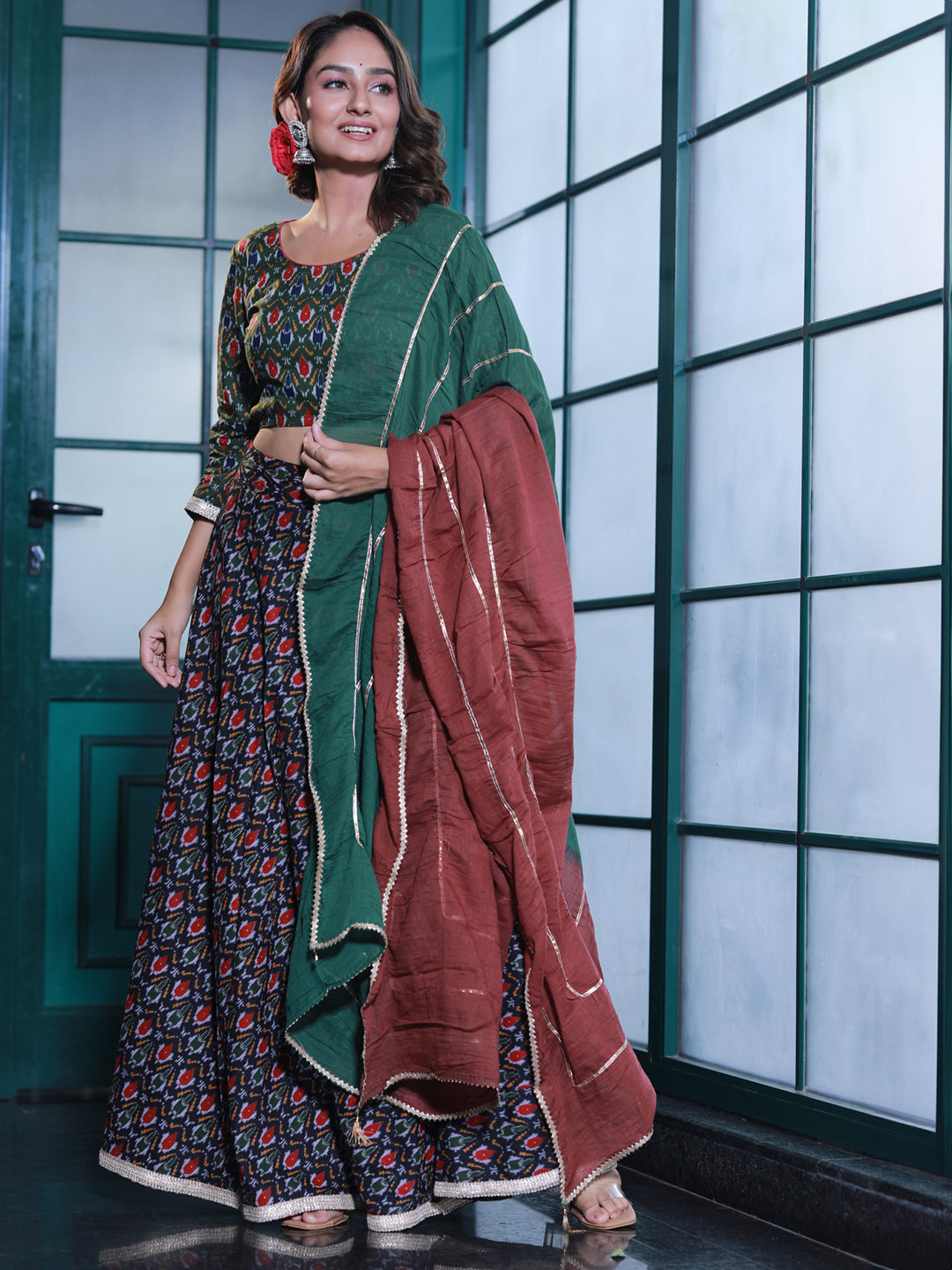 Olive & Black Patola Print Lehenga Choli - Elganza