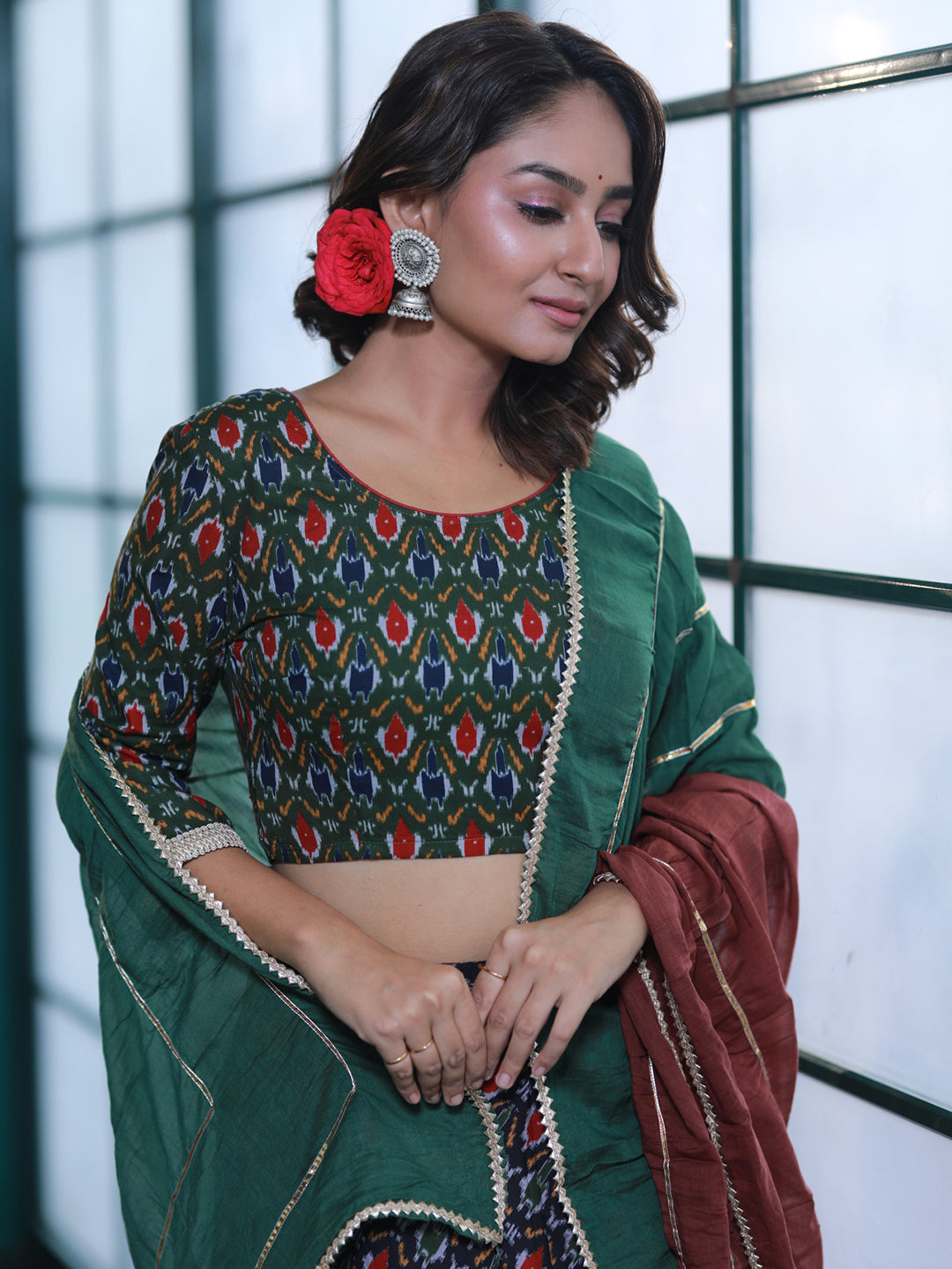 Olive & Black Patola Print Lehenga Choli - Elganza