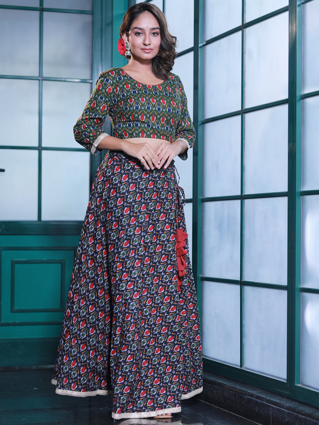 Olive & Black Patola Print Lehenga Choli - Elganza