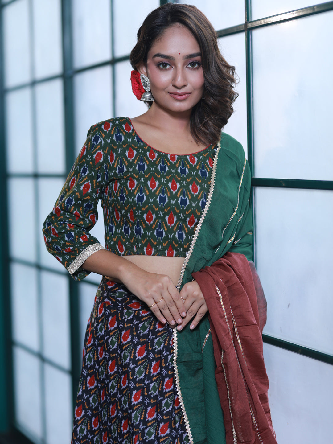 Olive & Black Patola Print Lehenga Choli - Elganza