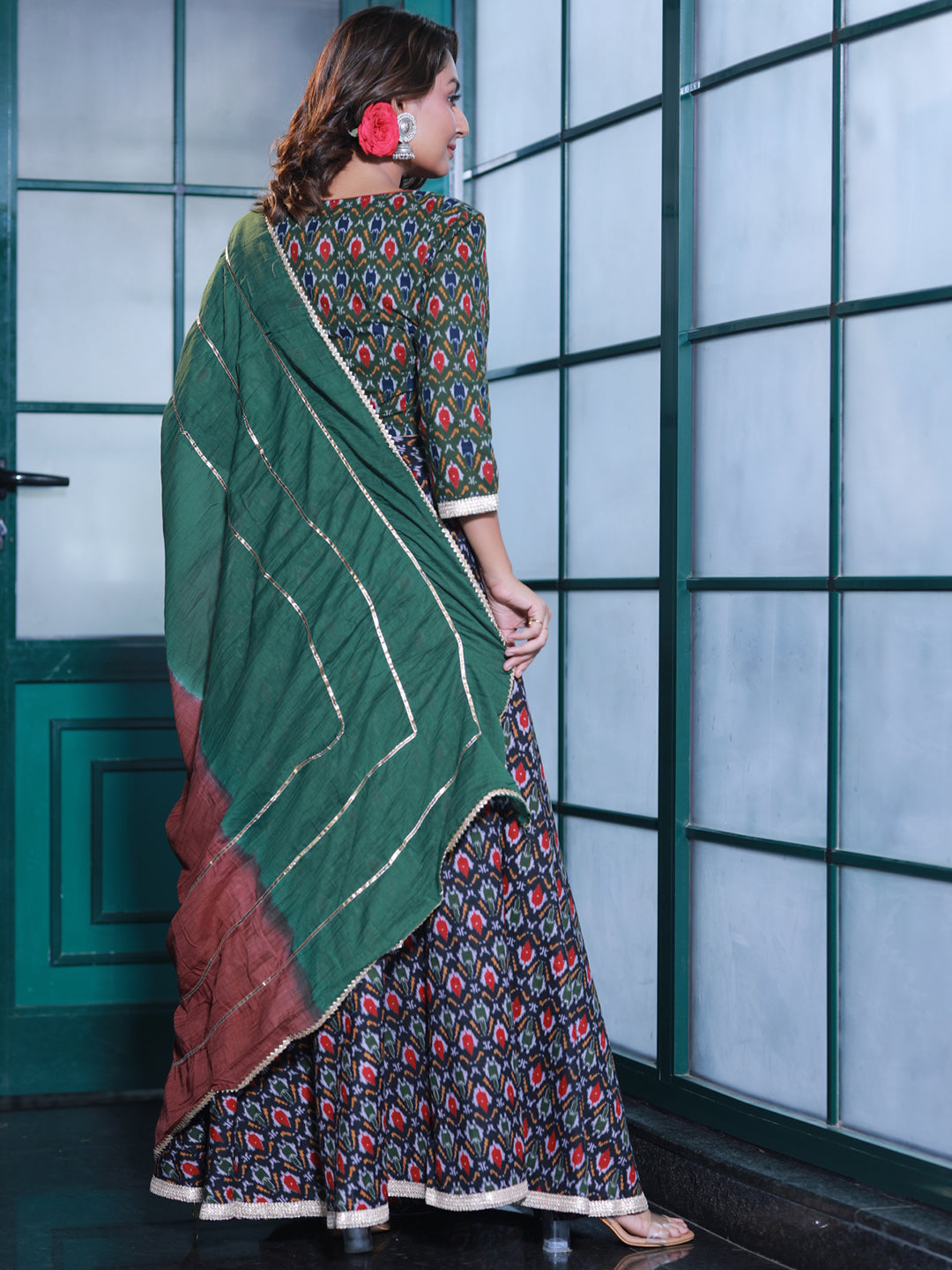 Olive & Black Patola Print Lehenga Choli - Elganza