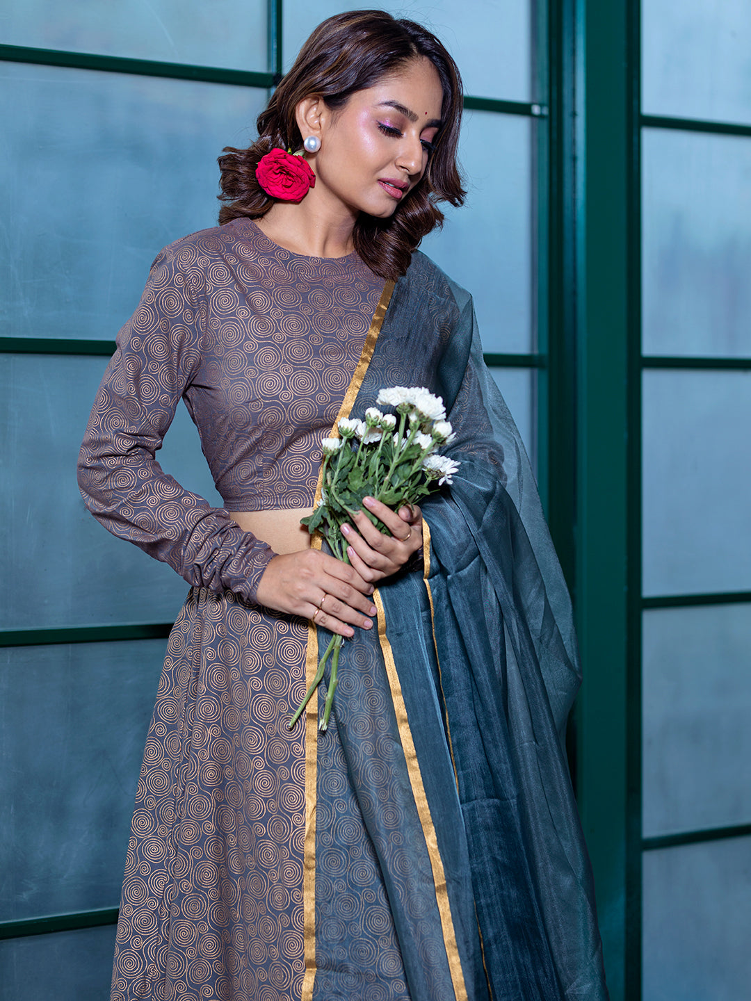 Grey & Gold Lehenga Choli With Organza Dupatta - Elganza