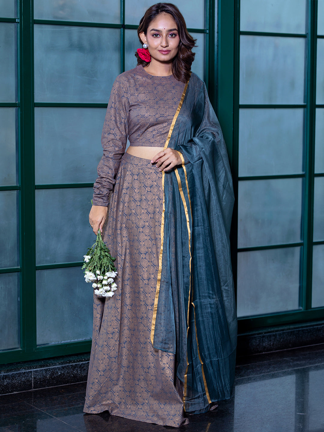 Grey & Gold Lehenga Choli With Organza Dupatta - Elganza
