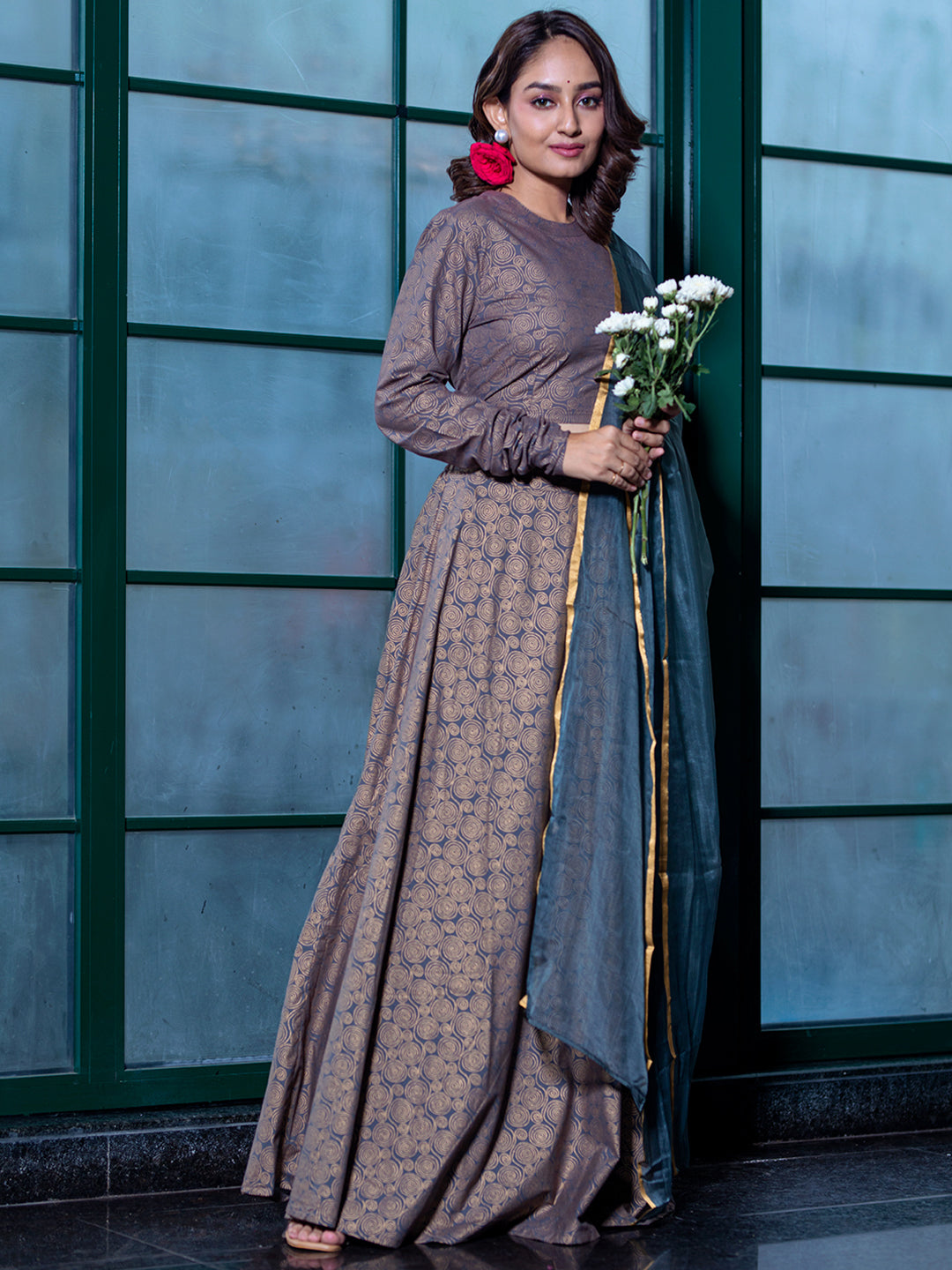 Grey & Gold Lehenga Choli With Organza Dupatta - Elganza