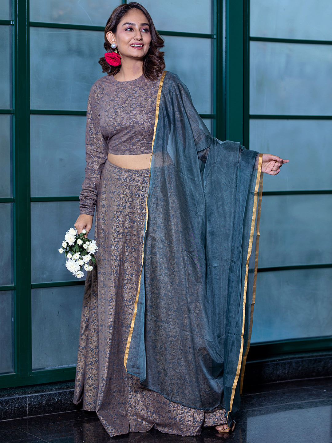 Grey & Gold Lehenga Choli With Organza Dupatta - Elganza
