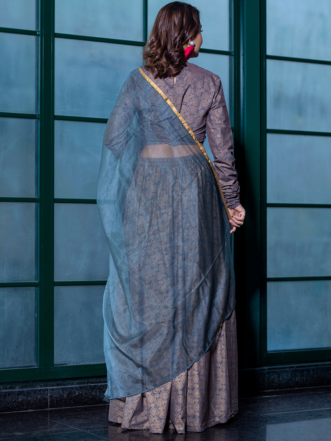Grey & Gold Lehenga Choli With Organza Dupatta - Elganza