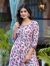Off-White A-Line Kurta set with Soft pick Floral Print - Elganza