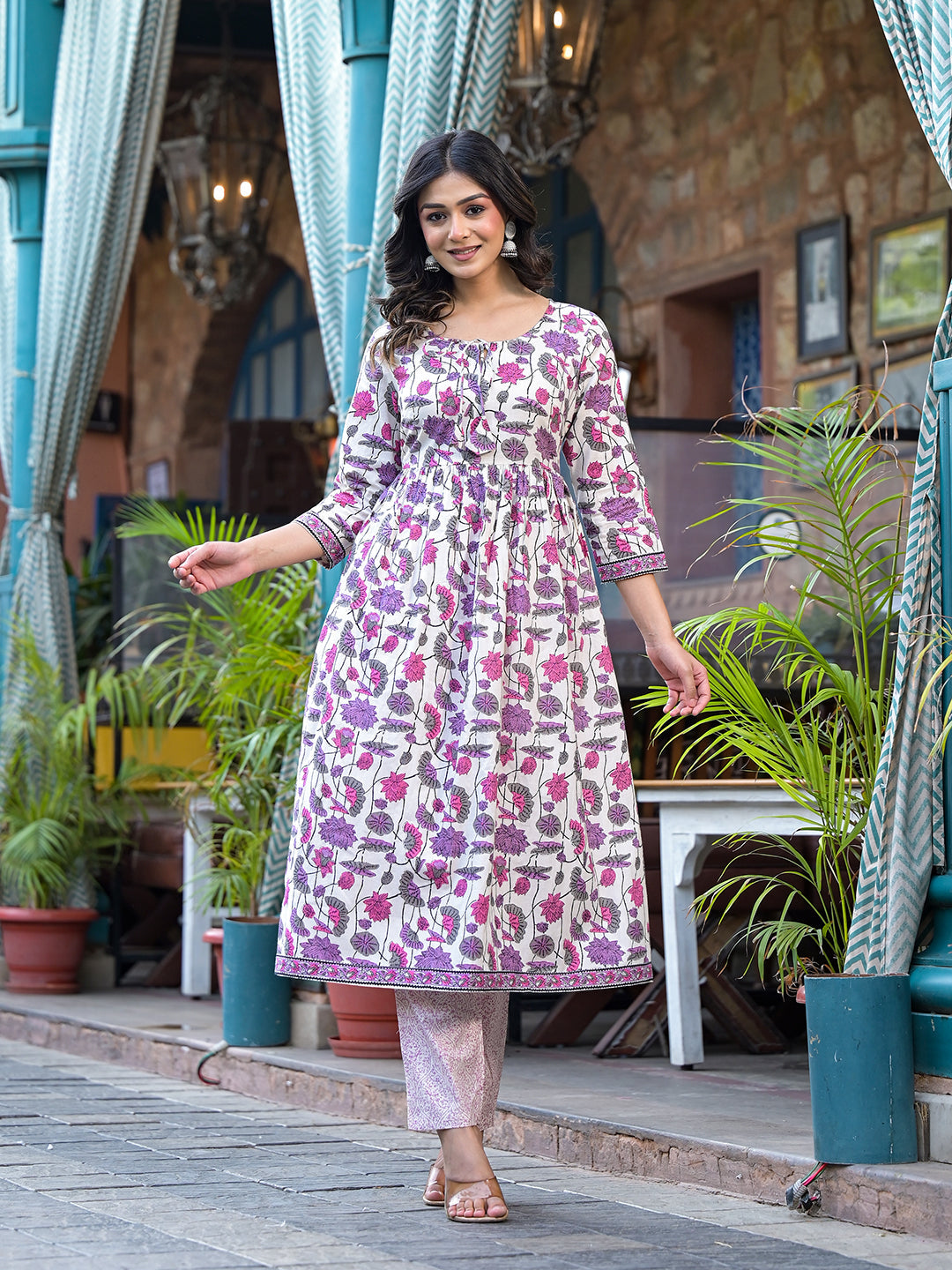 Off-White A-Line Kurta set with Soft pick Floral Print - Elganza