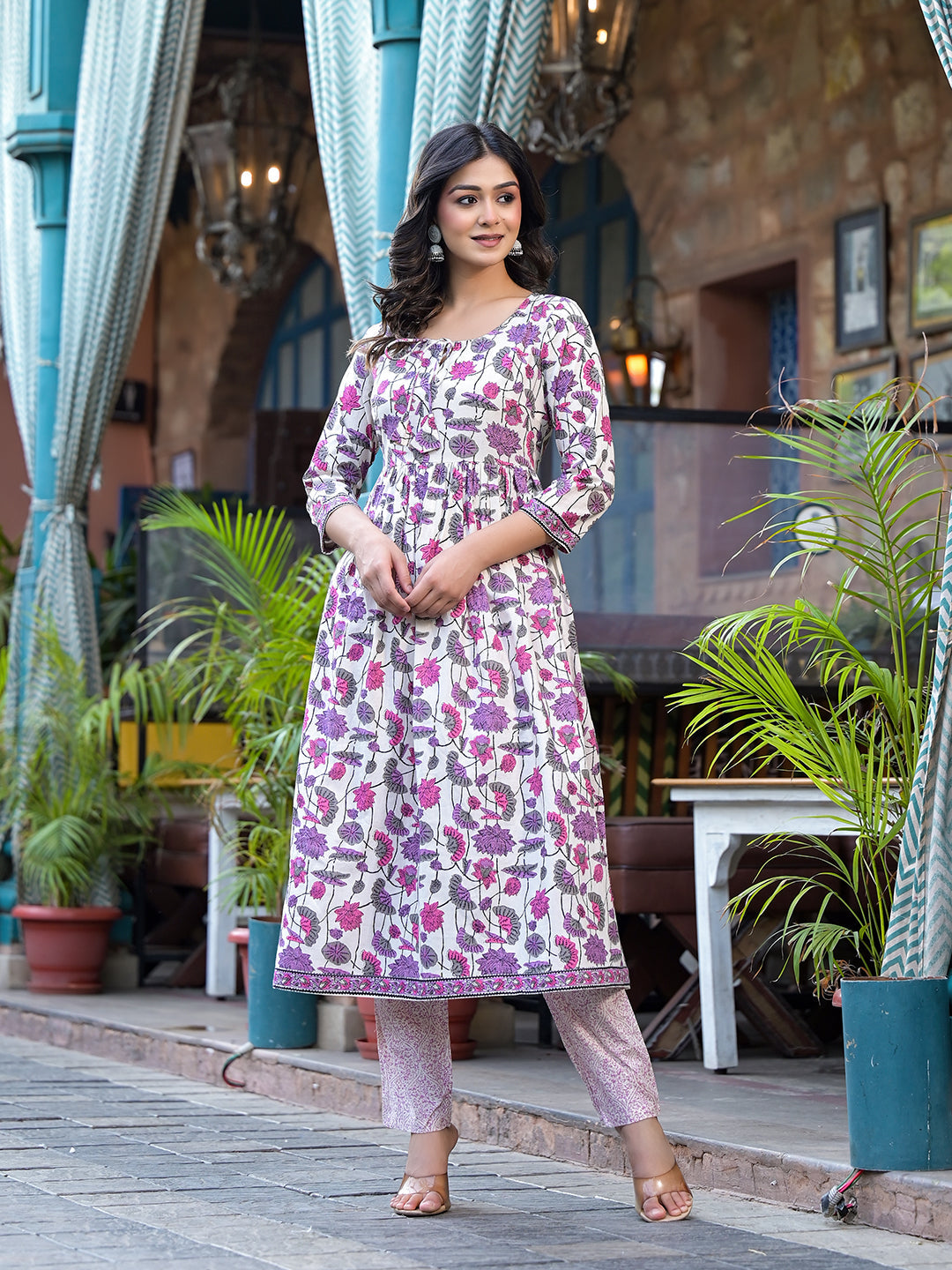 Off-White A-Line Kurta set with Soft pick Floral Print - Elganza