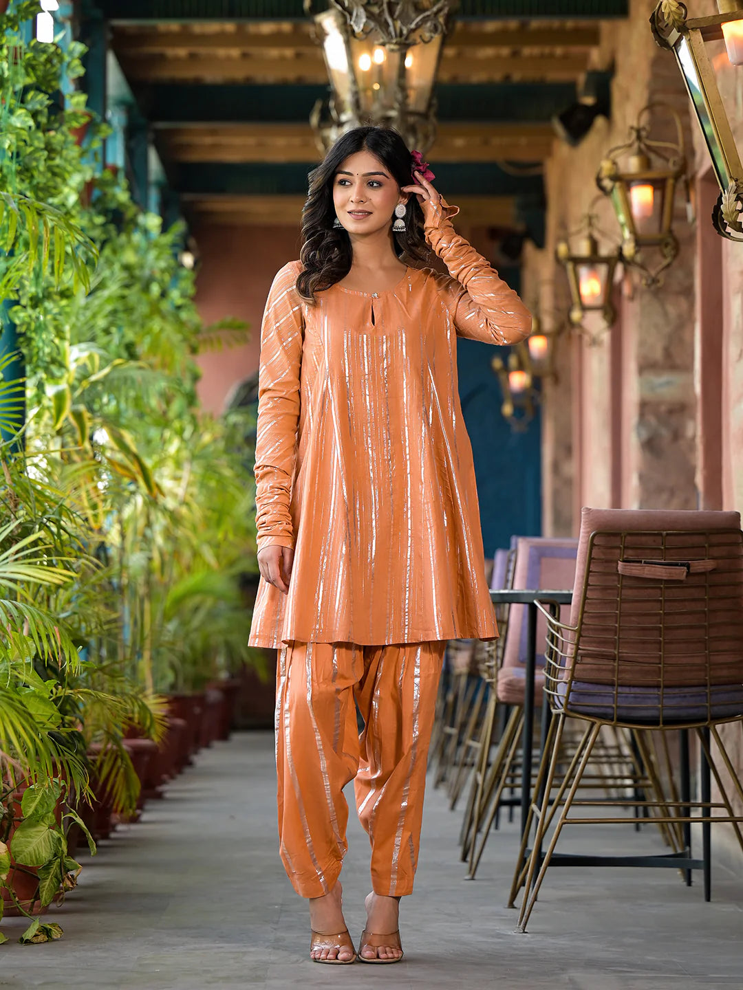 Orange Lurex Striped Pakistani Kurta Set with Patiala - Elganza