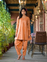 Orange Lurex Striped Pakistani Kurta Set with Patiala - Elganza