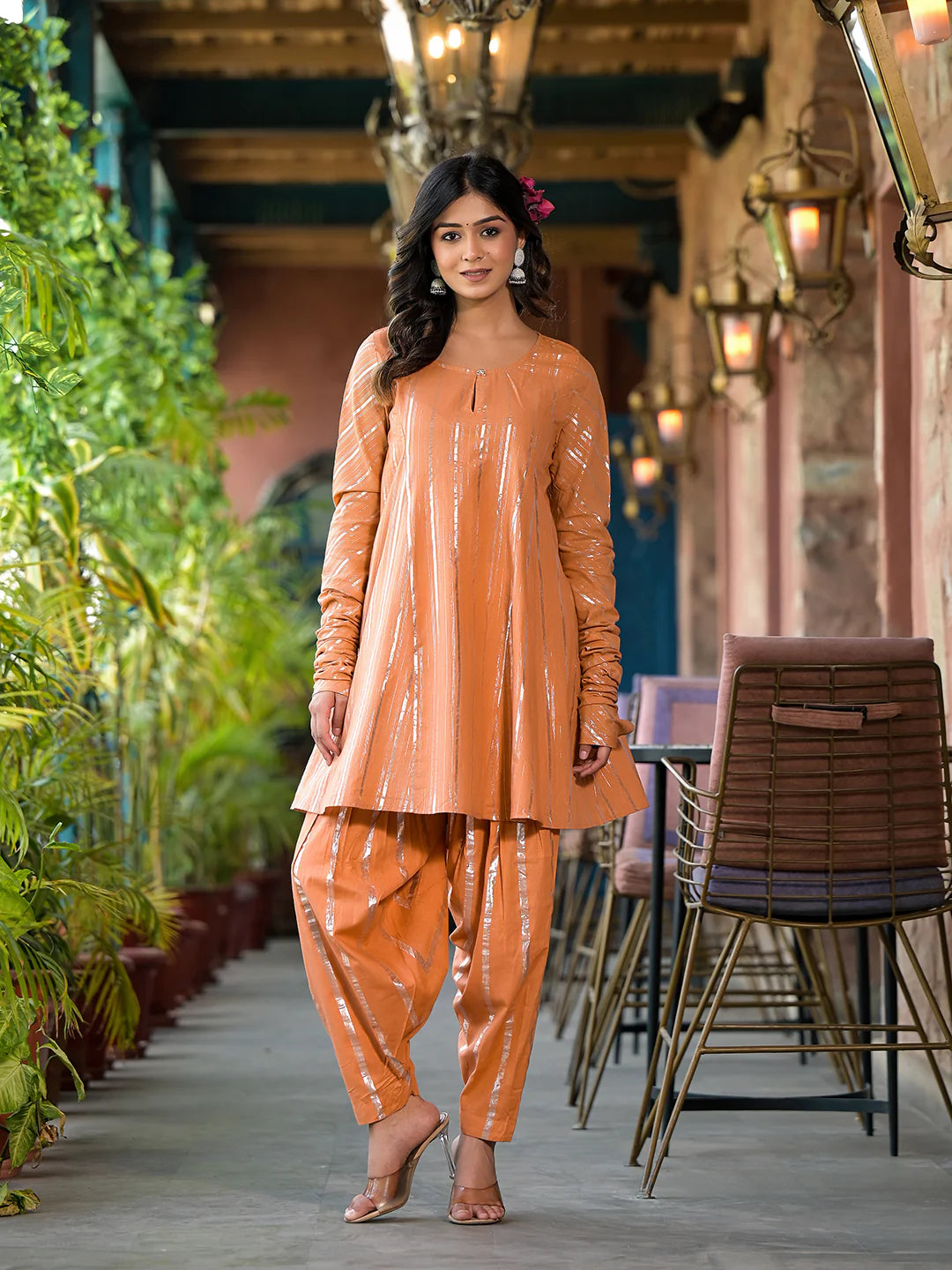 Orange Lurex Striped Pakistani Kurta Set with Patiala - Elganza