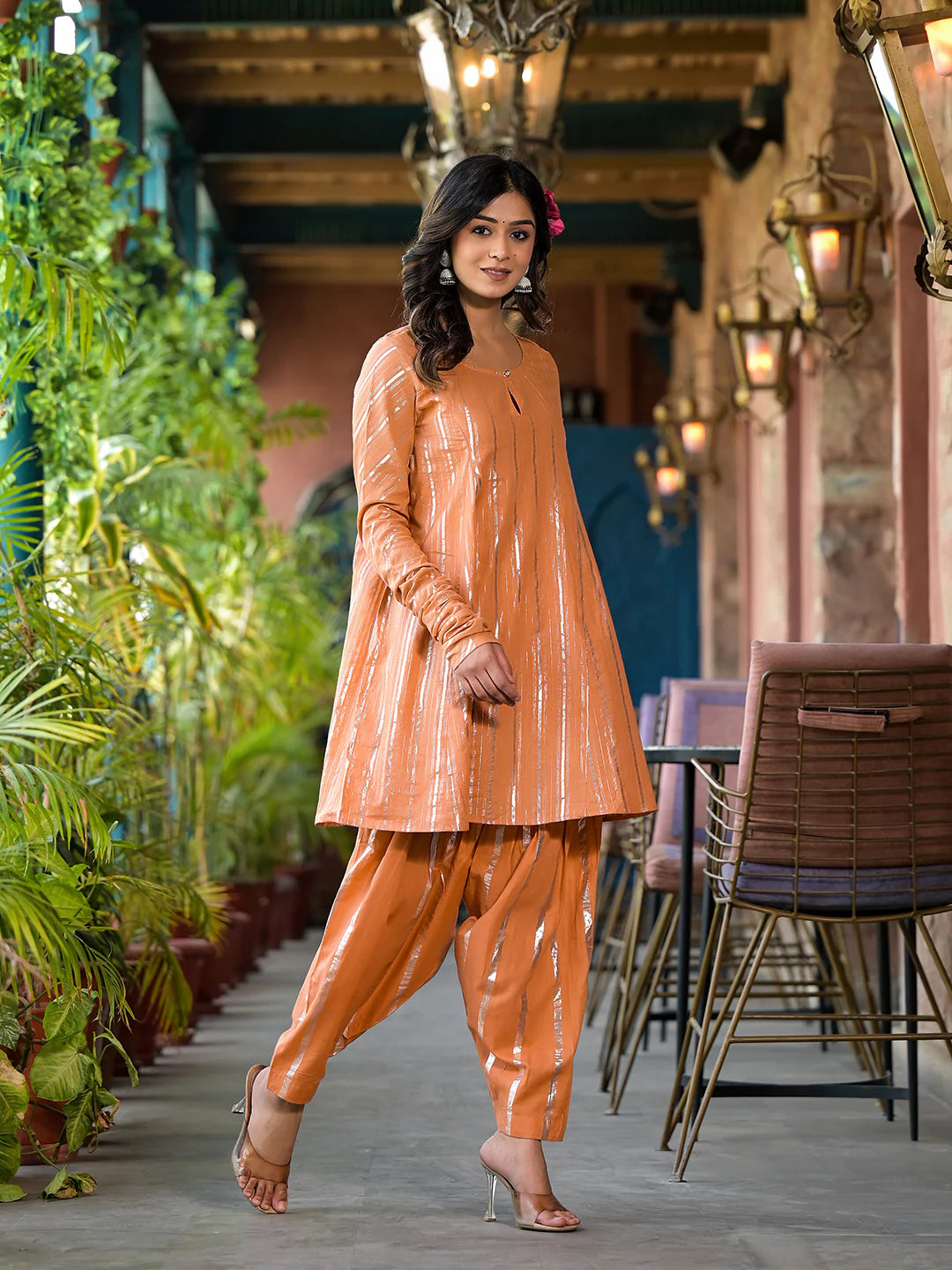 Orange Lurex Striped Pakistani Kurta Set with Patiala - Elganza