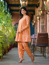 Orange Lurex Striped Pakistani Kurta Set with Patiala - Elganza