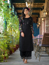 Elegant Black Floral Embroidered Straight Kurta