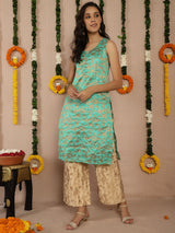 Green Banarasi Jacquard Straight Kurta - Elganza