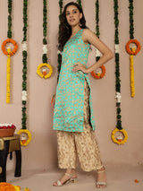 Green Banarasi Jacquard Straight Kurta - Elganza