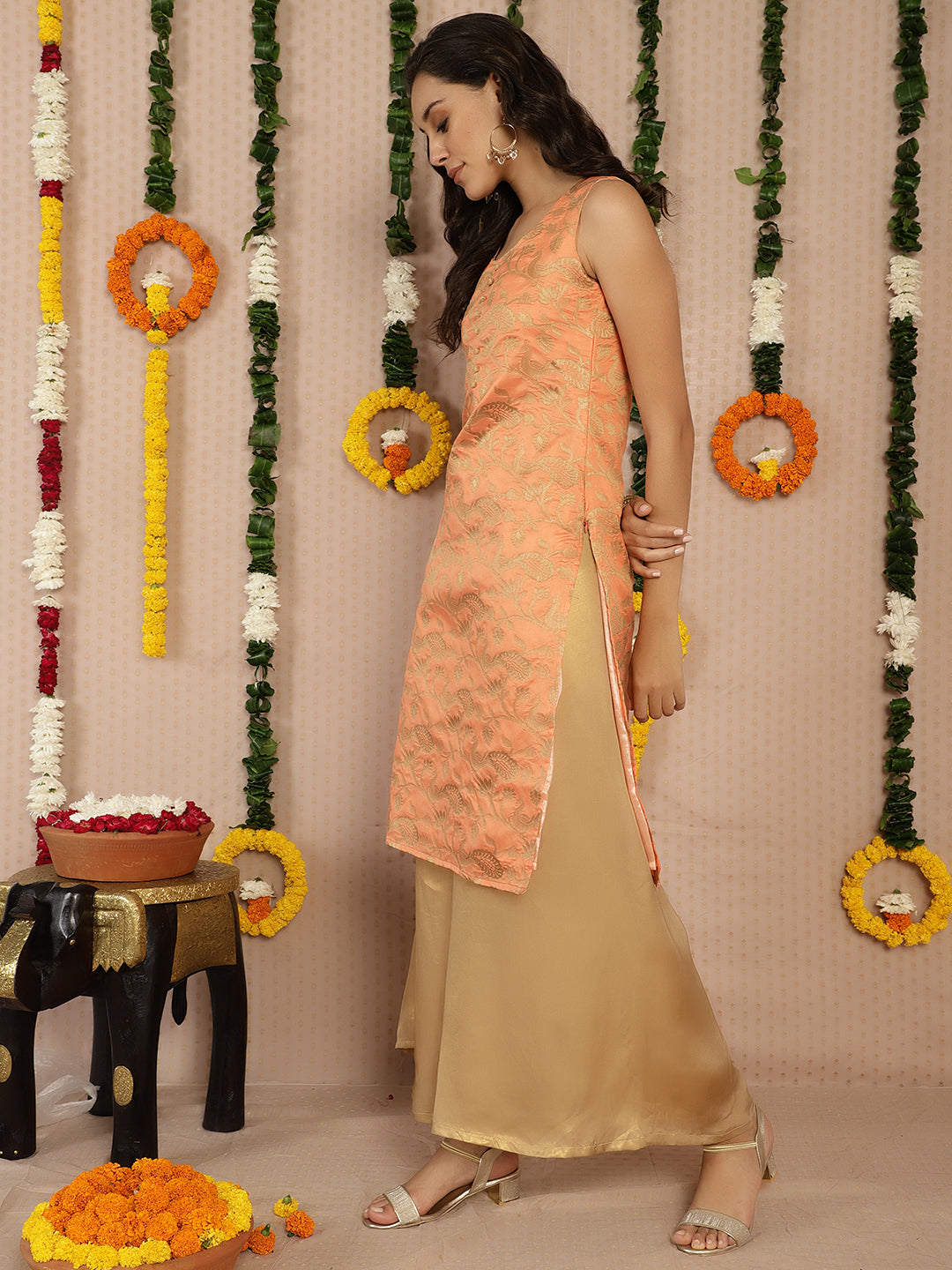 Orange Banarasi Jacquard Straight Kurta - Elganza