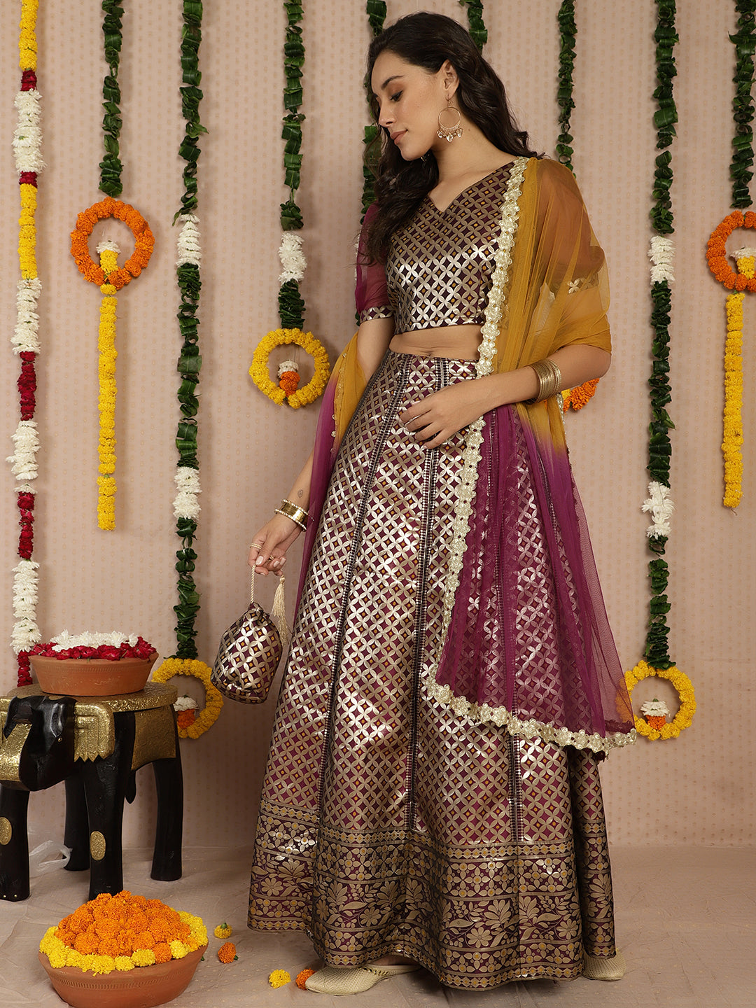 Voilet & Gold banarasi Jacquard Lehenga Choli - Elganza