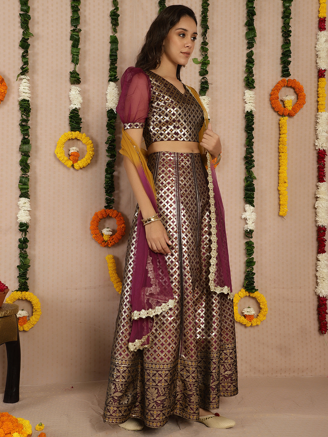 Voilet & Gold banarasi Jacquard Lehenga Choli - Elganza