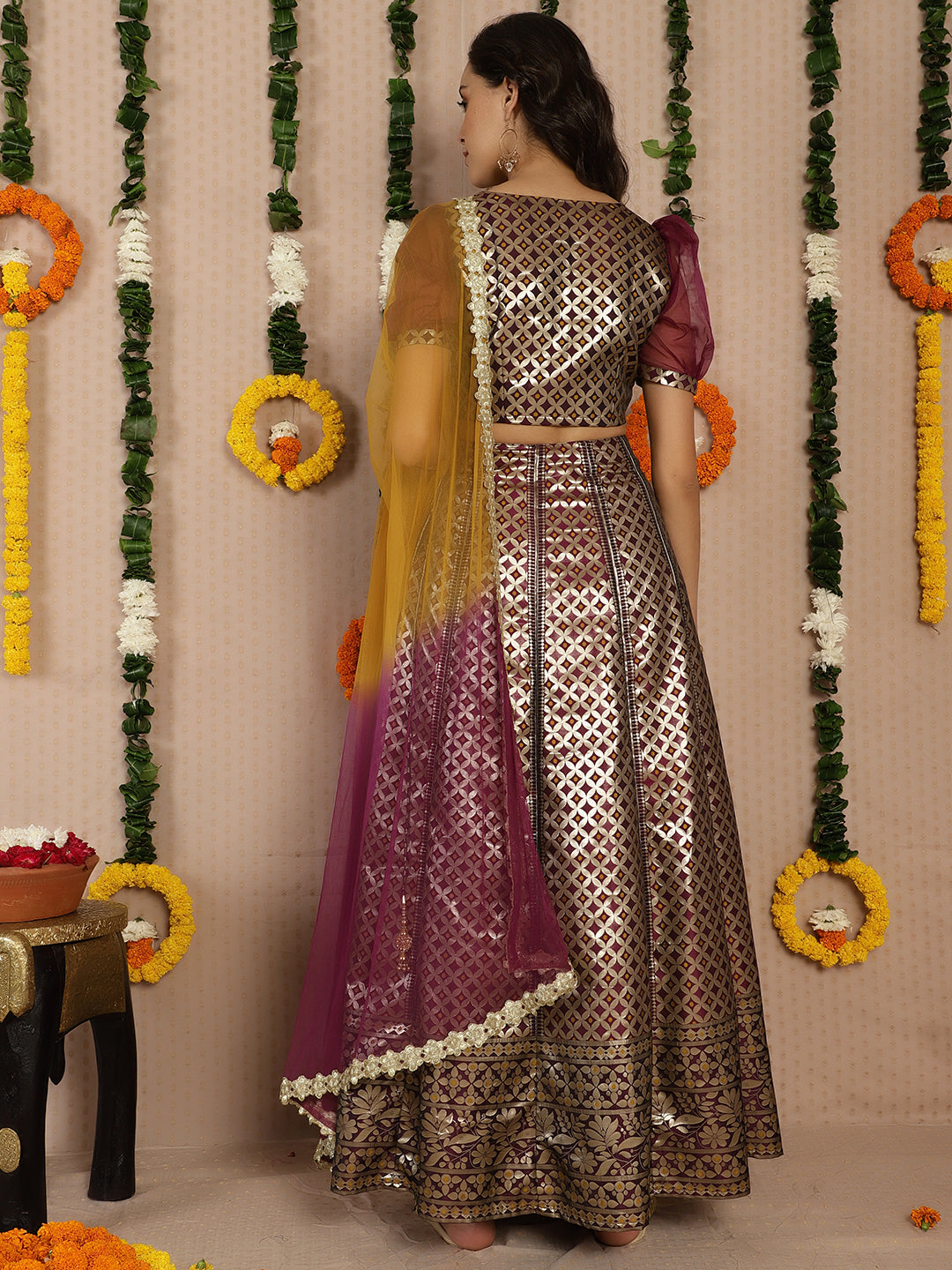 Voilet & Gold banarasi Jacquard Lehenga Choli - Elganza
