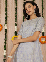 Powder Blue Banarasi Jacquard A-Line Kurta - Elganza