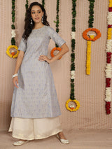 Powder Blue Banarasi Jacquard A-Line Kurta - Elganza