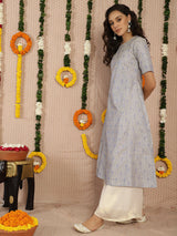 Powder Blue Banarasi Jacquard A-Line Kurta - Elganza
