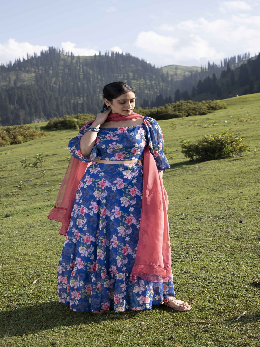 Navy Blue Floral Lehenga Choli with Dupatta - Elganza