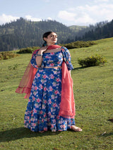 Navy Blue Floral Lehenga Choli with Dupatta - Elganza