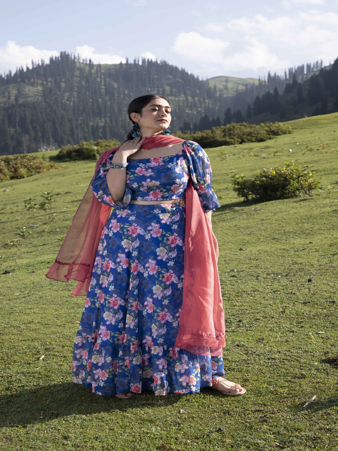 Navy Blue Floral Lehenga Choli with Dupatta - Elganza