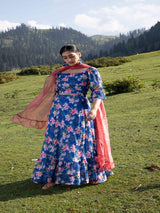 Navy Blue Floral Lehenga Choli with Dupatta - Elganza