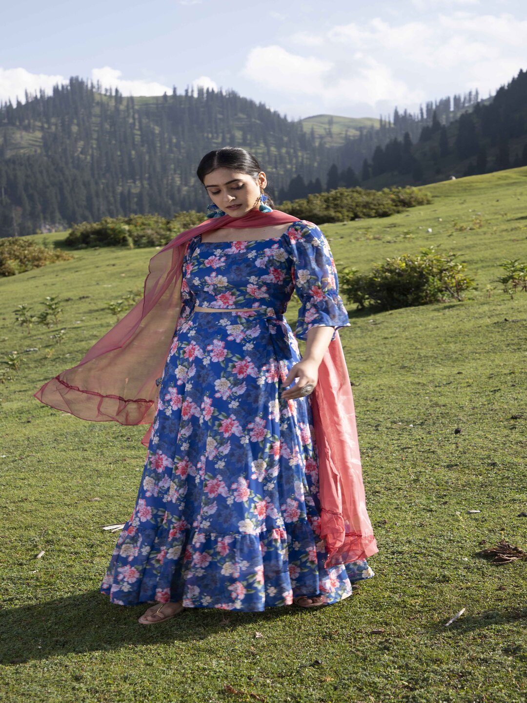 Navy Blue Floral Lehenga Choli with Dupatta - Elganza
