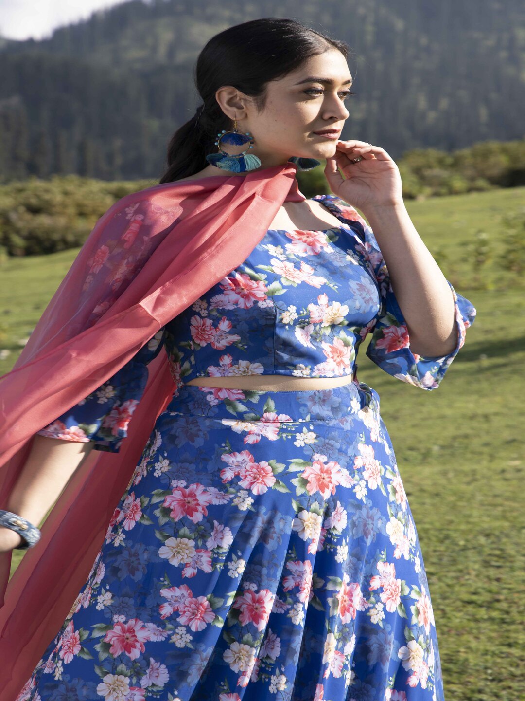 Navy Blue Floral Lehenga Choli with Dupatta - Elganza