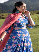 Navy Blue Floral Lehenga Choli with Dupatta - Elganza