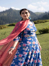 Navy Blue Floral Lehenga Choli with Dupatta - Elganza