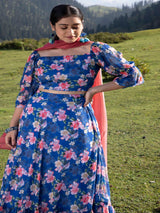 Navy Blue Floral Lehenga Choli with Dupatta - Elganza