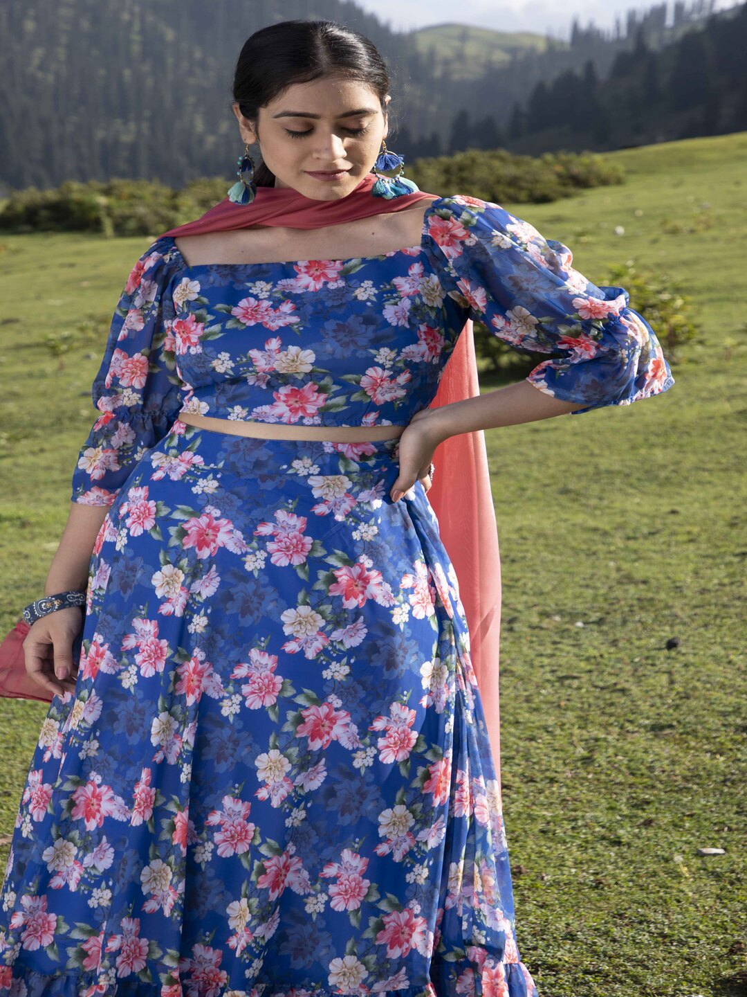 Navy Blue Floral Lehenga Choli with Dupatta - Elganza