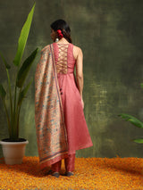 Pink Muslin Print Anarkali Kurta with tie-ups Suit Set
