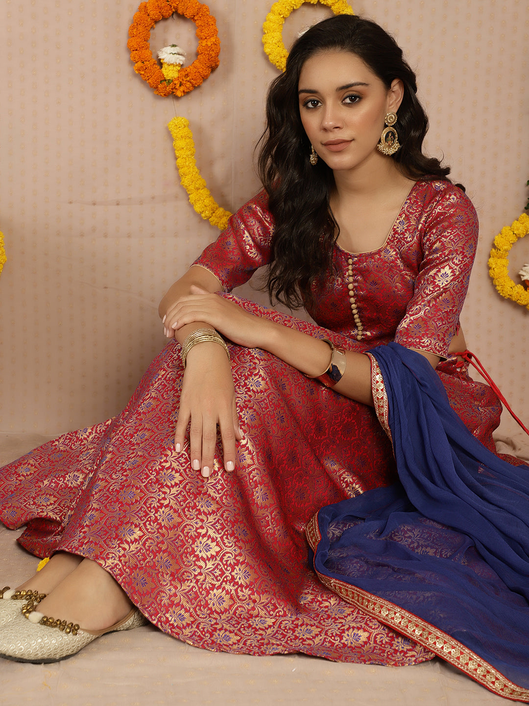 Red Banarasi Jacquard Lehenga Choli - Elganza